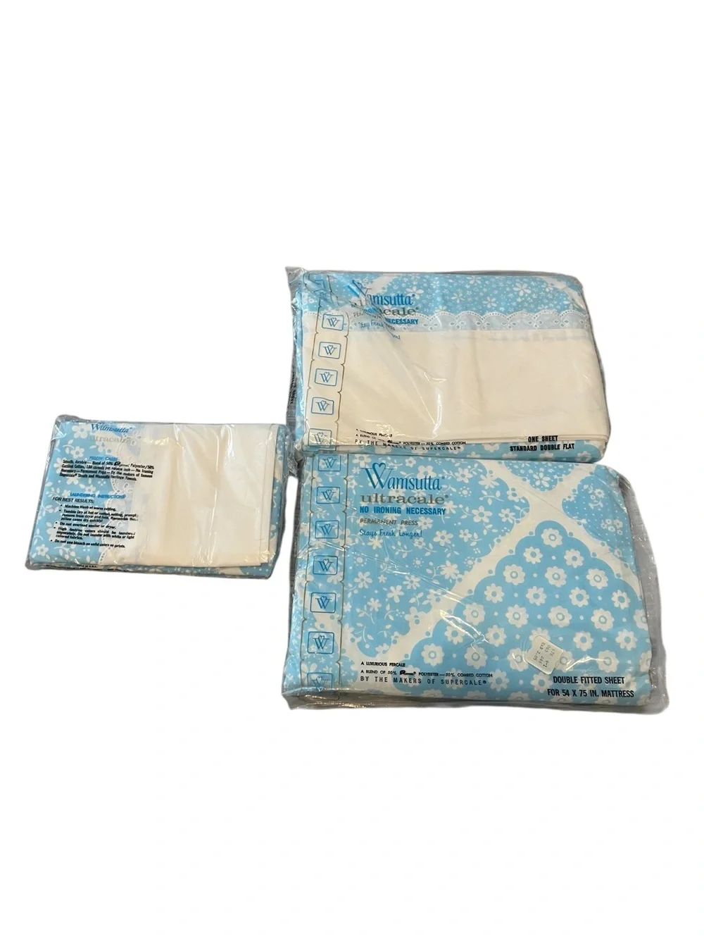 Vtg NWT OS Wamsutta Ultracale Double Fitted Flat Pillowcase Calico Blue 4PC Set